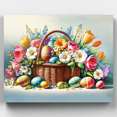 Easter Basket With Flowers - Paint by Numbers - This delightful scene features a woven basket brimming with colorful Easter eggs and vibrant spring flowers, capturing the essence of the season's joy and renewal - Canvas by Numbers