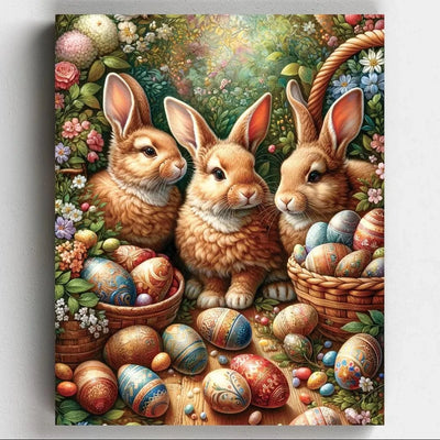 Easter Bunnies - Painting by Numbers - This endearing bunnies artwork captures the essence of the season, featuring three whimsical bunnies surrounded by vibrant Easter eggs, creating a scene brimming with joy and new beginnings - Canvas by Numbers
