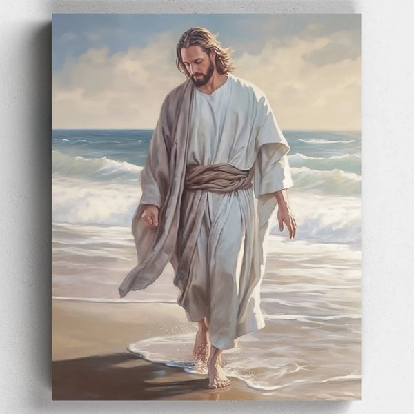 Jesus Walking on the Beach - Paint by Numbers - Jesus walks along the sandy shore, the waves softly caress his feet, creating a tranquil and uplifting scene that speaks to the soul - Canvas by Numbers