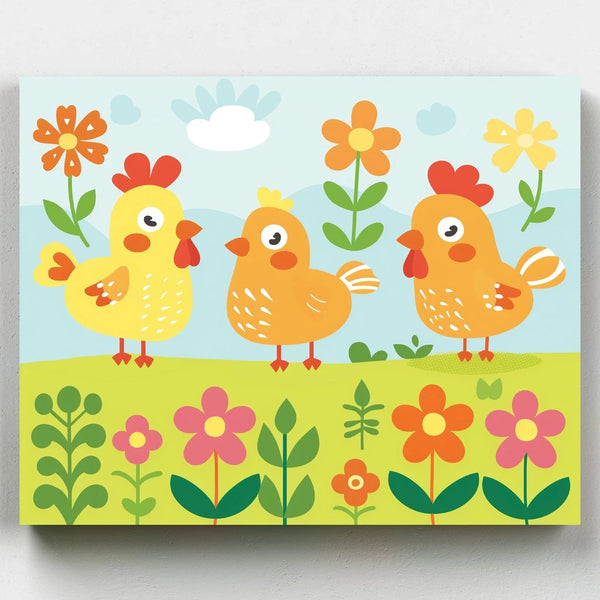 Chicken Paint by Number for Kids - Paint by Numbers - Three adorable chickens frolic amidst a vibrant field of pink and orange flowers. This delightful scene captures the essence of spring and summer, with dandelions in full bloom adding a pop of yellow, pink, and orange hues. Each chicken's colorful feathers stand out against the backdrop of nature's canvas, making it a joyous painting experience for young artists - Canvas by Numbers