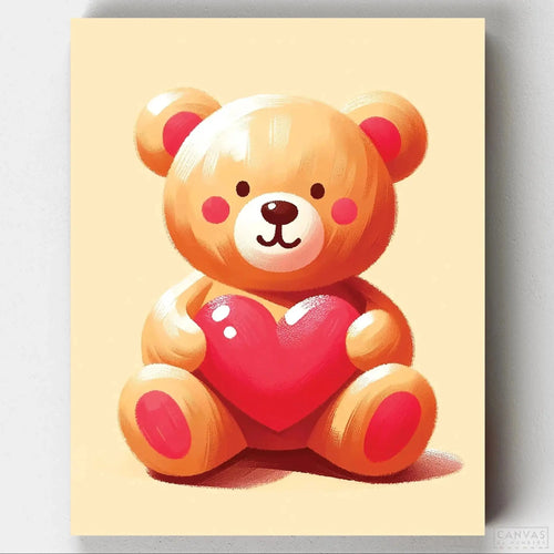 Teddy Bear Painting - Paint by Numbers for Kids. Dive into the world of art with our Teddy Bear Painting kit! Perfect for kids, this heartwarming scene features a cuddly teddy bear holding a red heart.
