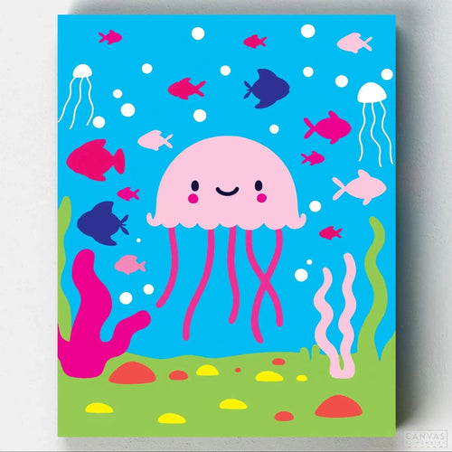 Pink Jellyfish Painting by Number for Kids. Bring home the magic of the ocean with Jellyfish Paint by Numbers for Kids! It's perfect for young artists, with numbered paints and simple instructions.