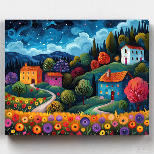 Colorful Garden Path. Capture the charm of village life with our Garden Path Painting by Numbers kit. This naif style artwork features a colorful garden and small houses.