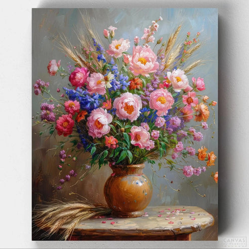 Exotic Flowers and Wheat Ears. Create a beautiful floral scene with our Wheat and flowers bouquet table paint by numbers. This kit captures the beauty of exotic flowers and wheat ears.