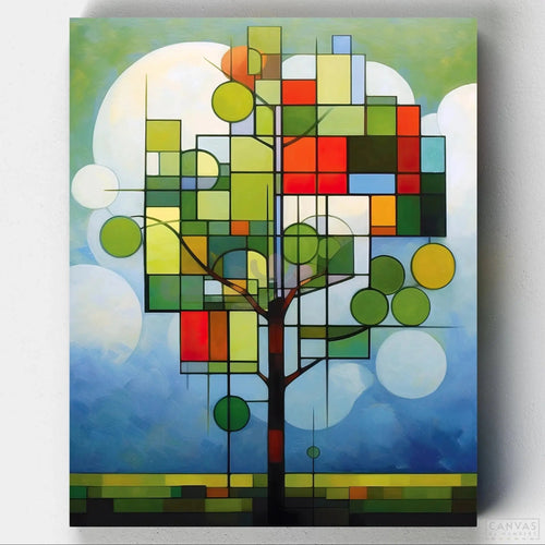 Bauhaus Green Tree. Feature an intricate tree design against a blue sky background with our Colored geometric tree painted by numbers, ideal for all ages. Only at CBN!