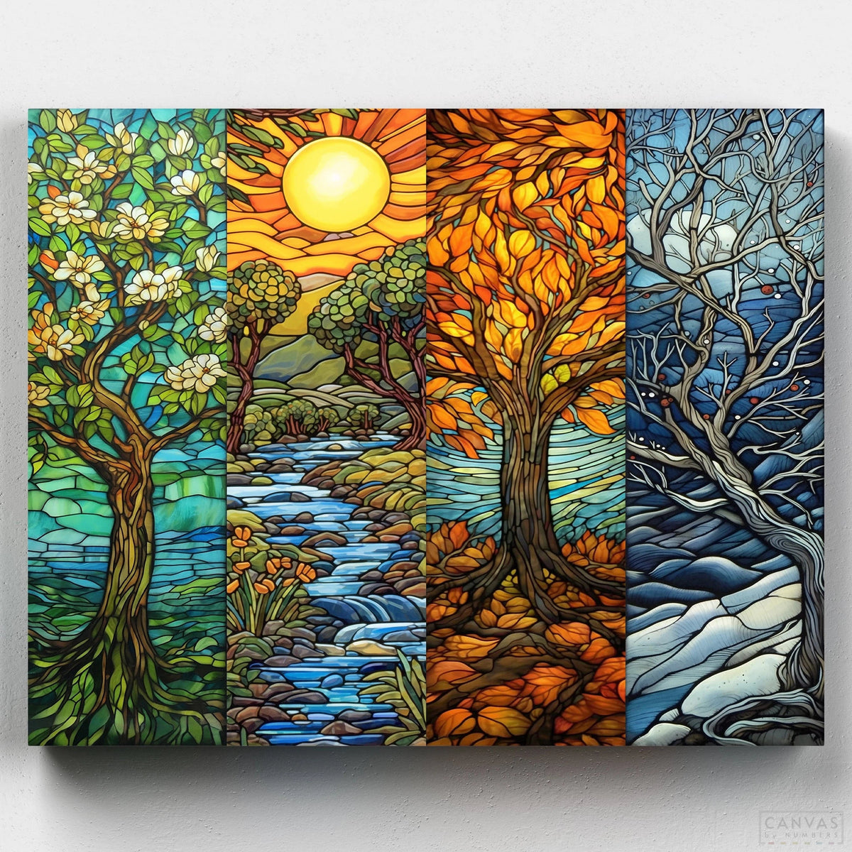 The Four Seasons - Paint by Numbers-Create a stunning stained glass scene with our Four Seasons Paint by Numbers Kit. Each panel represents spring, summer, fall, and winter in vibrant colors.-Canvas by Numbers
