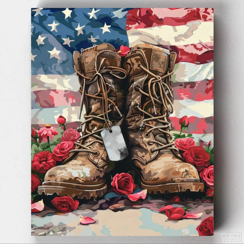In Remembrance. Create a heartfelt scene with our In Remembrance Paint by Numbers Kit. Featuring military boots, an American flag, and patriotic flowers for honoring those who served.