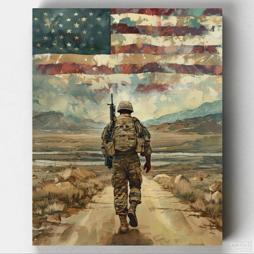Homecoming Soldier. Create a touching scene with our Homecoming Soldier Paint by Numbers Kit. This kit features a soldier returning home with a hopeful landscape and an American flag.