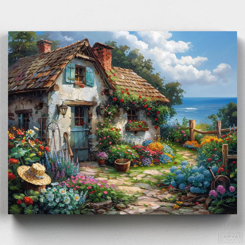 Cottage Seaview. Bring a serene seaside cottage scene to life with our Cottage Seaview Paint by Numbers Kit. Ideal for relaxation and creative expression.