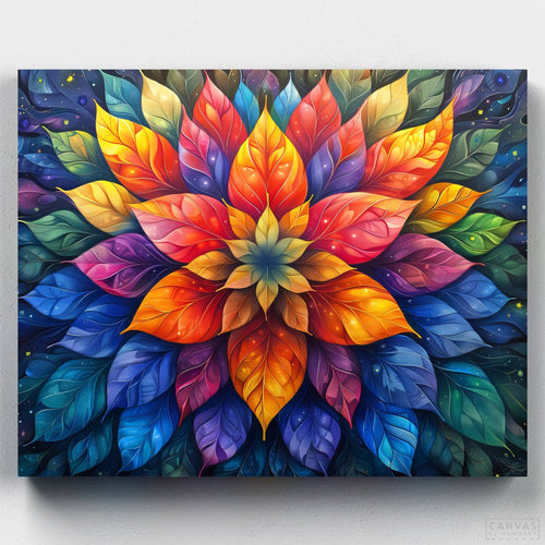 Cosmic Bloom Mandala. Create a cosmic scene with our Psychedelic bloom mandala paint by numbers Kit. Perfect for art lovers and aspiring painters seeking a detailed project.