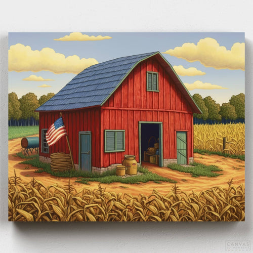Land of Hope. Celebrate Independence Day with the Land of Hope Paint by Numbers Kit. Create a vibrant scene of a red barn with an American flag and a cornfield.