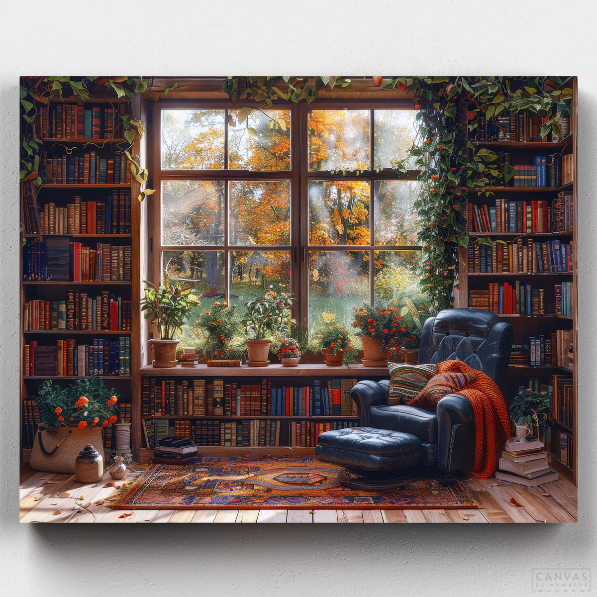 Quiet Library Corner - Paint by Numbers-Create a serene and cozy scene with our Quiet Library Corner Paint by Numbers Kit. Perfect for book lovers and aspiring artists.-Canvas by Numbers