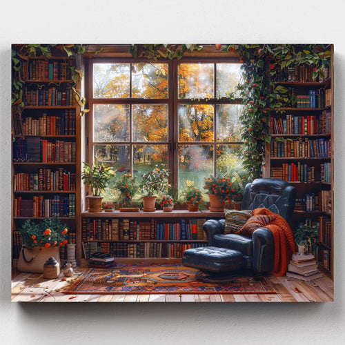 Quiet Library Corner. Create a serene and cozy scene with our Quiet Library Corner Paint by Numbers Kit. Perfect for book lovers and aspiring artists.
