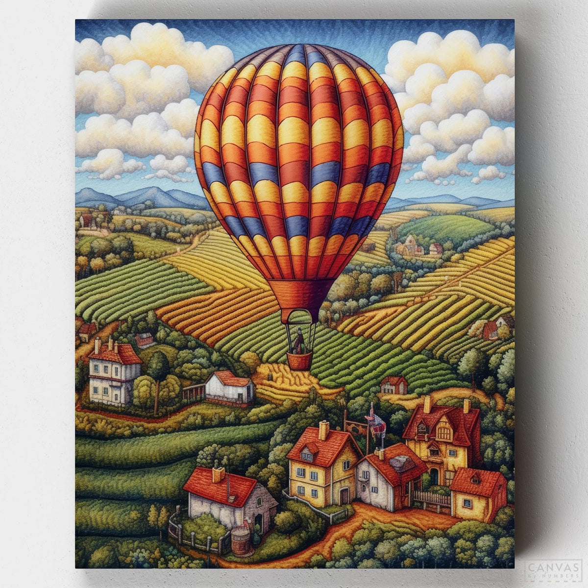 Crossing the Vineyards - Paint by Numbers-Create a vibrant countryside scene with our Crossing the Vineyards Paint by Numbers Kit. Features a hot air balloon floating over vineyards and a small town.-Canvas by Numbers