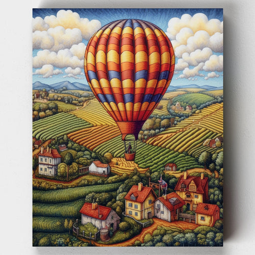 Crossing the Vineyards. Create a vibrant countryside scene with our Crossing the Vineyards Paint by Numbers Kit. Features a hot air balloon floating over vineyards and a small town.