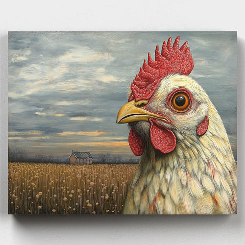 Leghorn Chicken. Capture the charm of the countryside with our Leghorn Chicken Paint by Numbers Kit. A close-up of a white hen with a field and barn in the background.