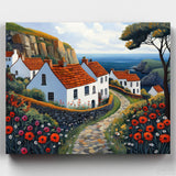 Seaside Stone Trail - Paint by Numbers-Bring the beauty of a coastal town to life with our Seaside Stone Trail Paint by Numbers Kit, featuring a flower-lined stone road and charming sea views.-Canvas by Numbers