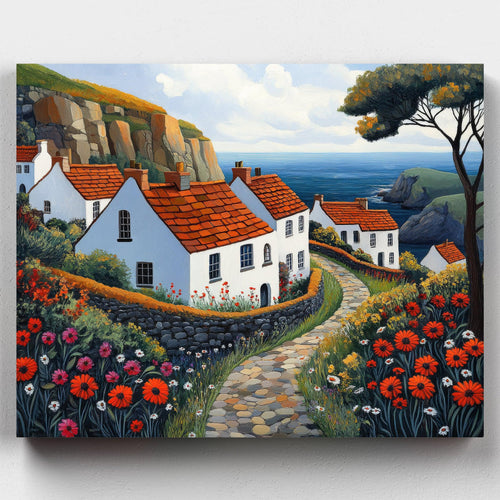 Seaside Stone Trail. Bring the beauty of a coastal town to life with our Seaside Stone Trail Paint by Numbers Kit, featuring a flower-lined stone road and charming sea views.