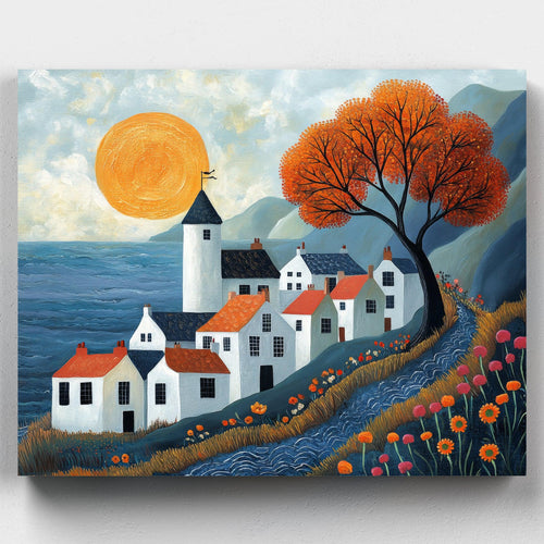 Scandinavian Coastal Village. Our Scandinavian coastal village paint by numbers kit features charming houses, a sunset lighthouse, and vibrant colors for a fun DIY project.
