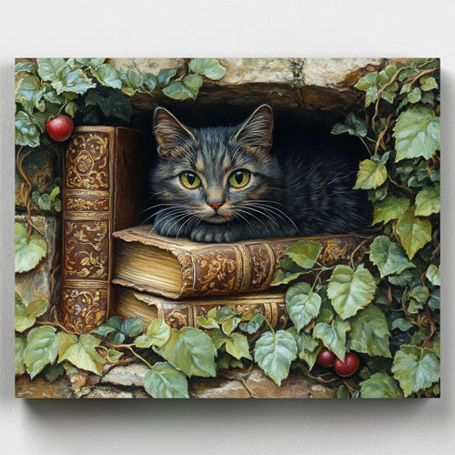 Cozy Hideout. Relax and paint our Cozy Hideout kitten paint by numbers kit. Perfect for cat lovers, this DIY set features a kitten nestled among antique books.