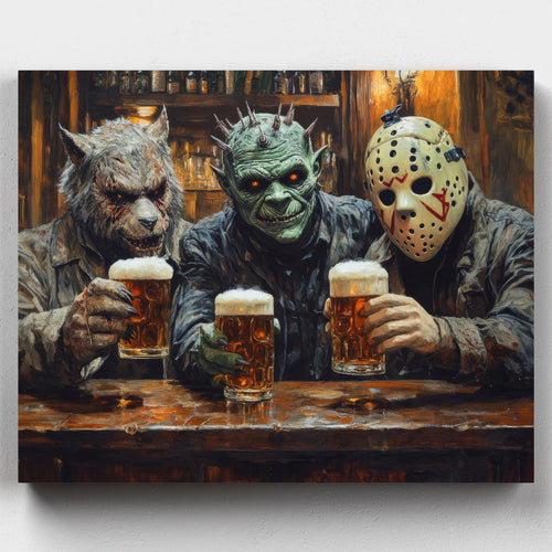 Haunted Cheers. Celebrate Halloween with our Haunted Cheers Paint by Numbers Kit. A group of classic monsters toasting in a pub in a fun, spooky scene.