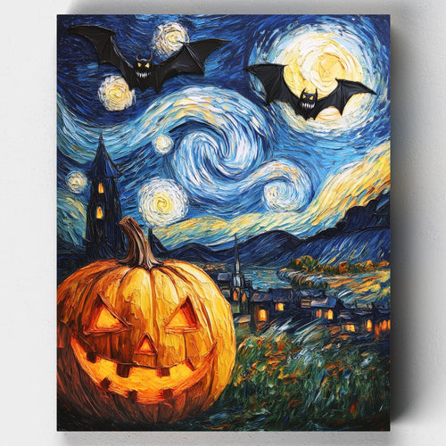 Scary Night. Bring the magic of Halloween to life with our Scary Night Paint by Numbers Kit. Bats and pumpkins fill a spooky, starry night scene, perfect for Halloween decor.