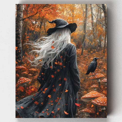The Witch's Path. Embark on a magical journey with our The Witch's Path Paint by Numbers. A witch, guiding crow, and a mystical forest scene await. Perfect for fantasy lovers.
