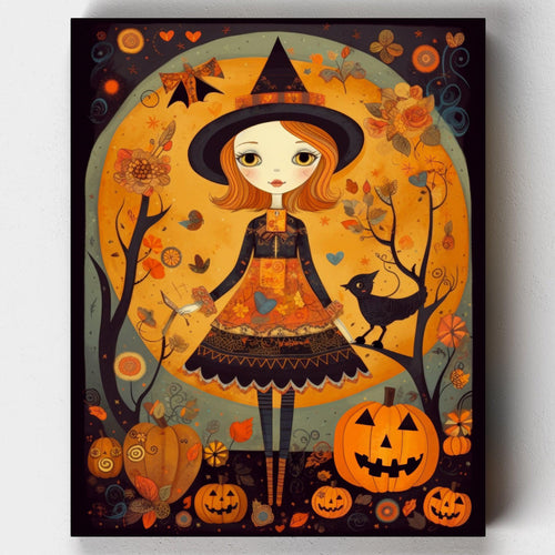 Autumn Enchantment. Celebrate the magic of autumn with our Autumn Enchantment Paint by Numbers Kit. Featuring a witch, pumpkins, fall colors, and whimsical elements.
