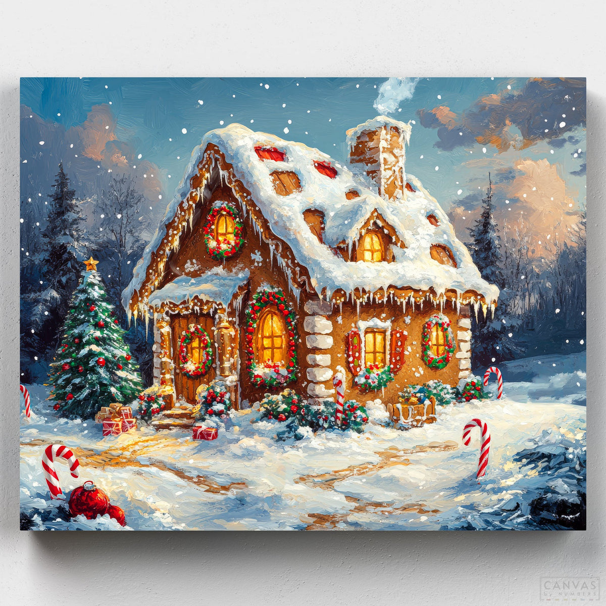 Sweet Winter Retreat - Paint by Numbers-Feel the season's magic with our Sweet Winter Retreat Paint by Numbers Kit. A cozy cottage surrounded by candy canes in a snowy landscape.-Canvas by Numbers