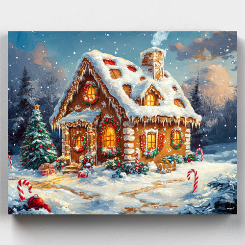 Sweet Winter Retreat. Feel the season's magic with our Sweet Winter Retreat Paint by Numbers Kit. A cozy cottage surrounded by candy canes in a snowy landscape.