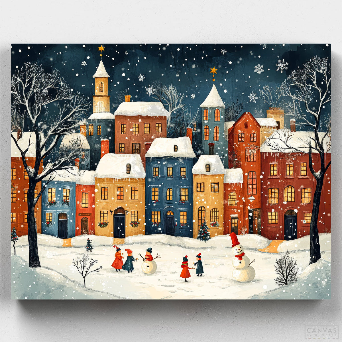 Christmas in the Snowy Village - Paint by Numbers-Enjoy the season with our Christmas in the Snowy Village Paint by Numbers Kit. Capture the holiday spirit with colorful houses, snowmen, and joyful decorations.-Canvas by Numbers