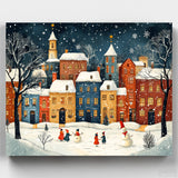 Christmas in the Snowy Village - Paint by Numbers-Enjoy the season with our Christmas in the Snowy Village Paint by Numbers Kit. Capture the holiday spirit with colorful houses, snowmen, and joyful decorations.-Canvas by Numbers