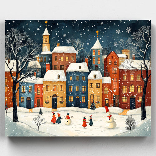 Christmas in the Snowy Village. Enjoy the season with our Christmas in the Snowy Village Paint by Numbers Kit. Capture the holiday spirit with colorful houses, snowmen, and joyful decorations.