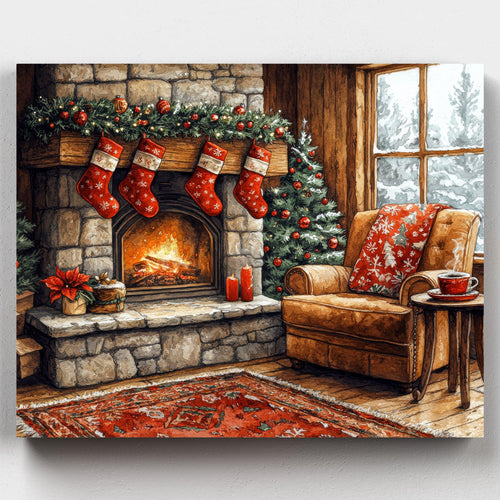 Warmth of Christmas Eve. Capture the cozy charm of the season with our Warmth of Christmas Eve Paint by Numbers Kit. A festive fireplace scene full of holiday warmth and comfort.