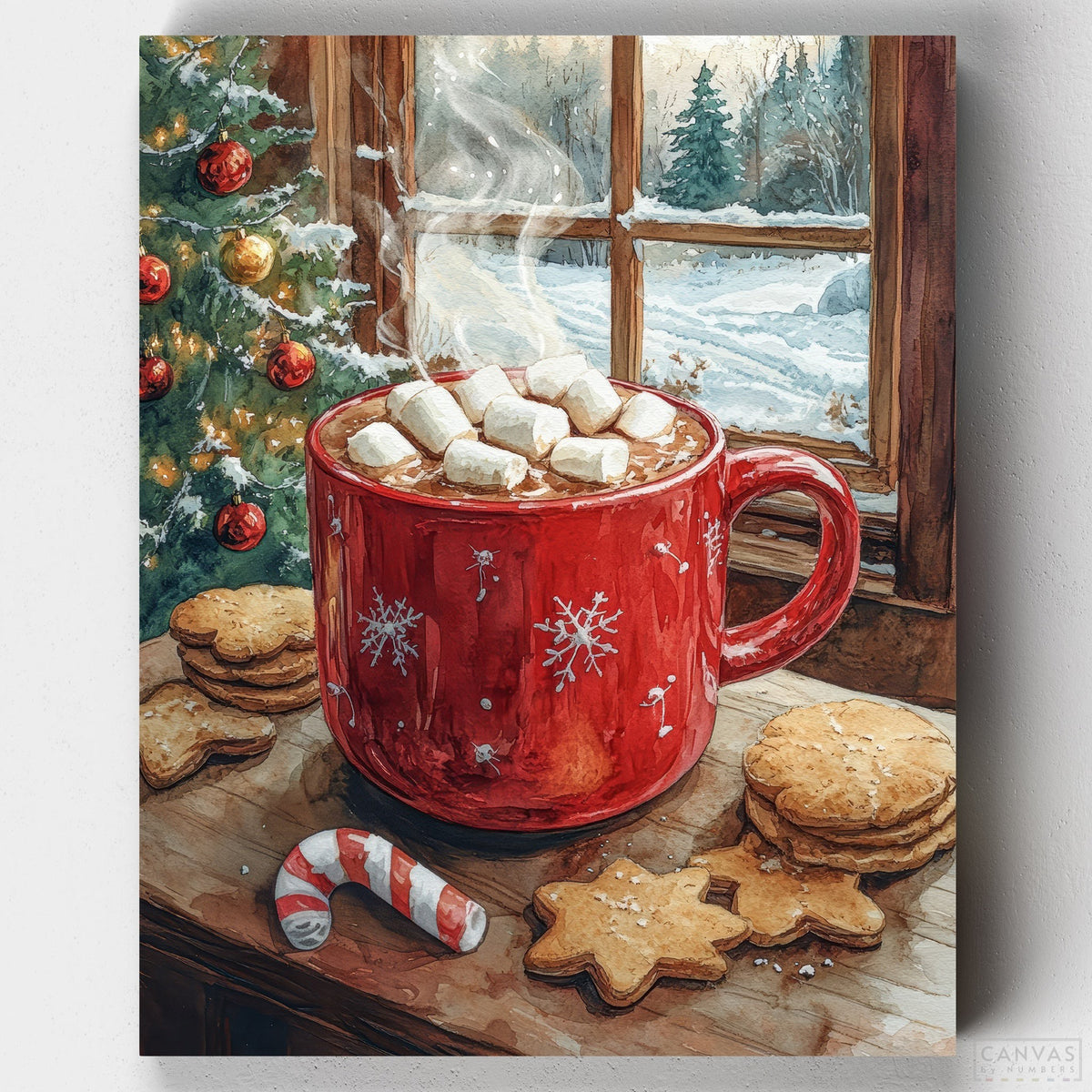 Merry Mug and Marshmallows - Paint by Numbers-Enjoy holiday warmth with our Merry Mug and Marshmallows Paint by Numbers Kit. Paint a festive mug of hot cocoa with marshmallows, gingerbread, and a candy cane.-Canvas by Numbers