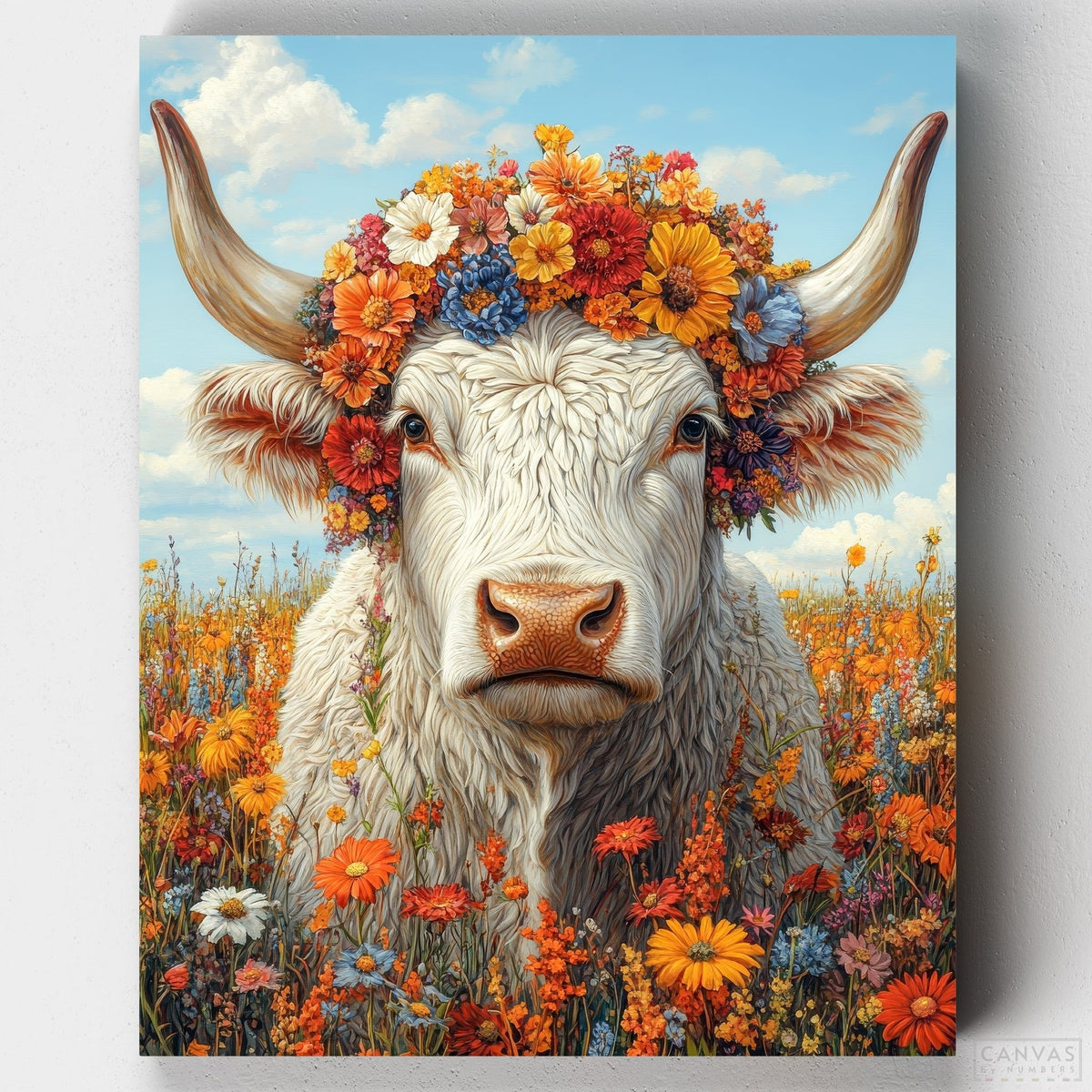 Blooming Horns – Cow Paint by Numbers-Paint a majestic cow with blooming floral horns and a serene sky backdrop. Perfect for beginners and pros, this vibrant paint by numbers kit inspires creativity.-Canvas by Numbers