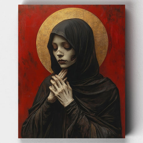 Patience of a Saint. Paint a gothic masterpiece with Patience of a Saint. This paint-by-numbers kit features skeletal elegance and golden-age aesthetics for a unique DIY art project.