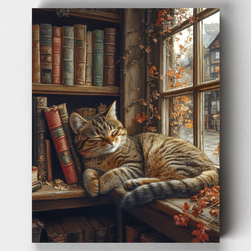 The Book Nook. Paint the charm of a vintage bookstore with The Book Nook. This detailed paint by numbers kit features a napping tabby cat and warm sunlight-filled shelves.