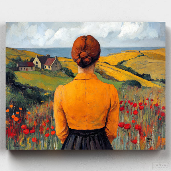 Echoes of Home – Paint by Numbers-Paint the beauty of Echoes of Home. This kit features a woman viewing a golden-green landscape, tulips, cottages, and the sea on the horizon.-Canvas by Numbers