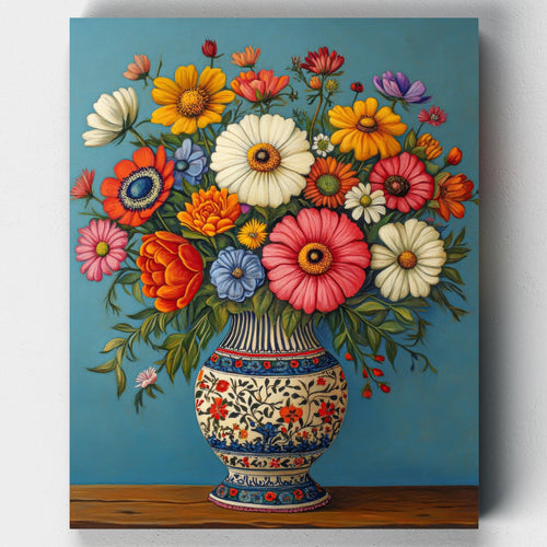 Floral Vase Composition. Create timeless beauty with Floral Vase Composition. Paint an elegant floral arrangement in a vase with soft pastel tones in this paint by numbers kit.