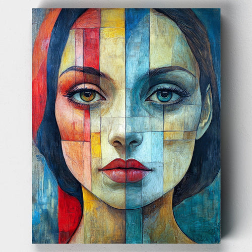 Essence of Her. Paint the Essence of Her, a striking abstract portrait of a young woman. Explore vibrant colors and bold designs with this paint by numbers kit.