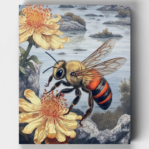 Honey Bee. Paint the beauty of a honey bee collecting pollen from flowers with our intricate Honey Bee paint by numbers kit. A nature-inspired artistic journey awaits.