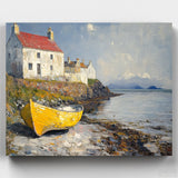 Rowboat by the Shore – Paint by Numbers-Paint the peaceful beauty of Rowboat by the Shore. This kit features a yellow rowboat, red-roofed houses, and a calm sea, perfect for art enthusiasts.-Canvas by Numbers