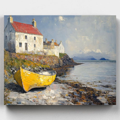Rowboat by the Shore. Create a serene seascape with Rowboat by the Shore, a boat paint by numbers kit featuring a yellow rowing boat, a coastal cottage, and a calm horizon.