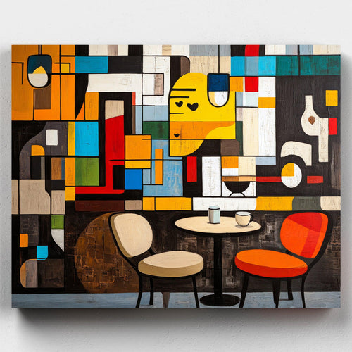 Coffee Break. Paint a vibrant abstract coffee shop with Coffee Break. Explore bold colors and modern design in this unique paint by numbers kit for art lovers.