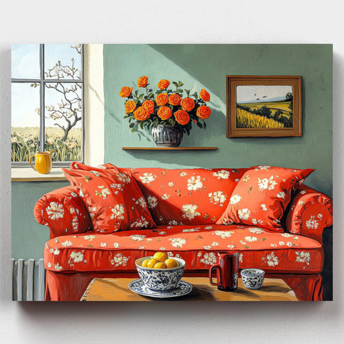 An Inviting Space. Create An Inviting Space with this vibrant paint by numbers kit. Features a floral sofa, roses, and a scenic window view for a warm and charming project.