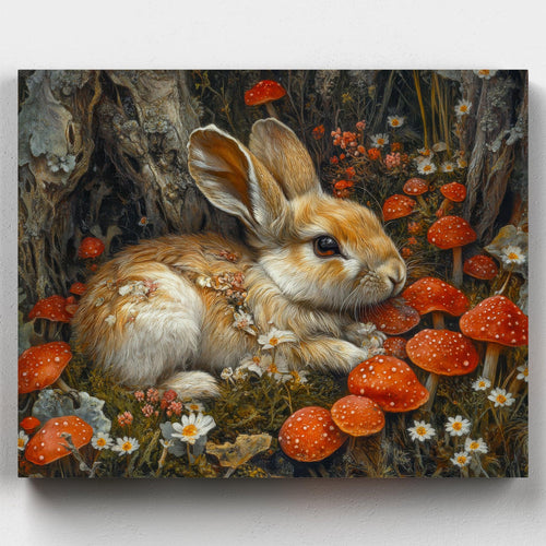 Woodland Rabbit. Paint the charm of the Woodland Rabbit. This paint by numbers kit features a baby rabbit surrounded by toadstools, daisies, and mossy trees the forest.