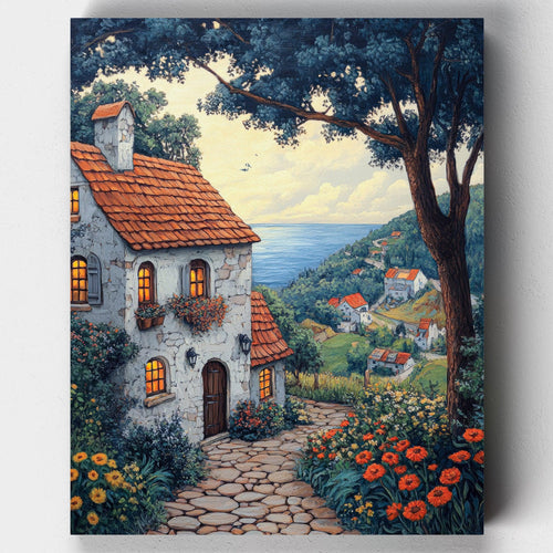 Pastoral Sight. Paint the charm of Pastoral Sight, a village scene with a flowing river, orange roofs, and playful garden life. A detailed fairy tale-inspired paint by numbers kit.