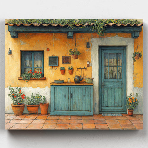 Tradition and Sunlight. Paint the rustic charm of Tradition and Sunlight. This paint by numbers kit features a Spanish villa with terracotta tiles, vibrant colors, and warm sunlight.