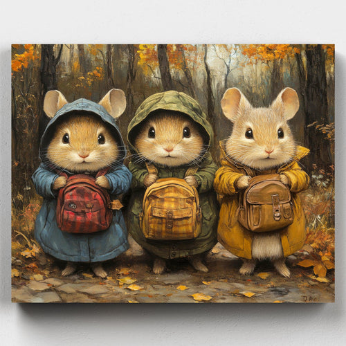 Backpack Adventures. Paint the charm of Backpack Adventures. This kit features three mice in school uniforms and backpacks, set against a vibrant autumn forest scene.